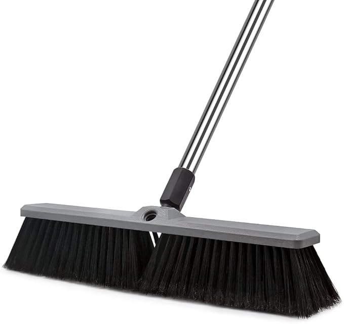 18 Inch Push Broom Brush Outdoor Heavy Duty Broom Stiff Bristles Commercial Outdoor Broom Brush for Cleaning Garage Driveway Yard Patio Deck Concrete Wood Stone Floor with 63" Long Handle