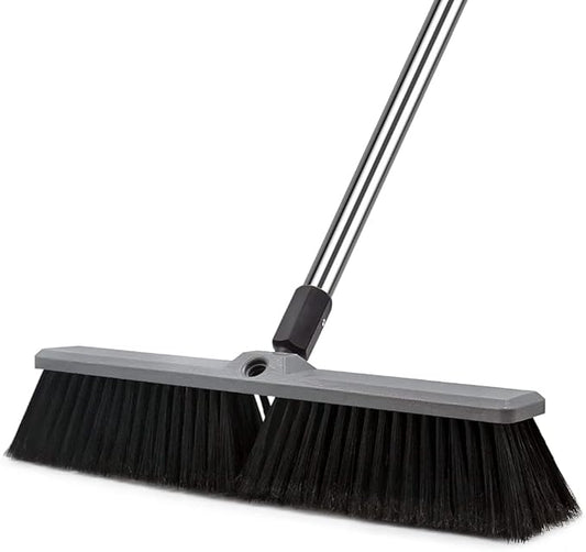18 Inch Push Broom Brush Outdoor Heavy Duty Broom Stiff Bristles Commercial Outdoor Broom Brush for Cleaning Garage Driveway Yard Patio Deck Concrete Wood Stone Floor with 63" Long Handle