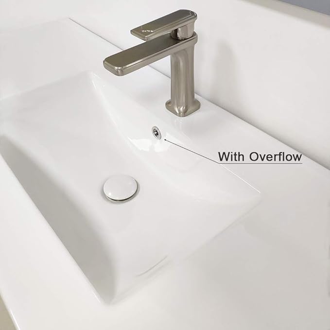 Bathroom Pop Up Drain, Vessel Sink Drain with Removable Stopper and Anti-Clogging Basket Hair Catcher, White Porcelain Cap Vanity Strainer with Overflow, Brushed Nickel