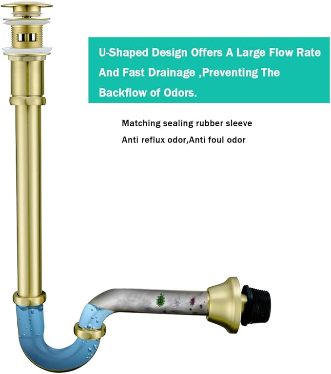 Brass P Trap with Pop Up Drain Stopper With Overflow,U-Shape 1 1/4 Slip Joint Extension Tub Sink Drain Pipe,12 inch Pipe length Adjustable Height Sink Waste Trap Drain Kit,Brushed Gold