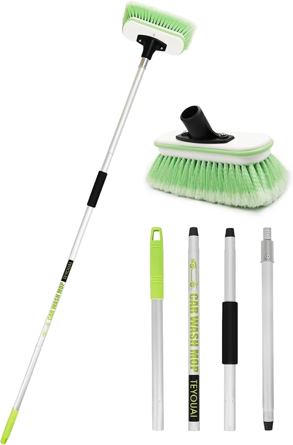 Boat Brush Telescoping Handle 4 Section Marine Scrub Extendable 20" to 62" Metal Connector Deck Auto Window Wall Floor Cleaning Heavy Duty 9.5" x 4.7"x3.5" Head