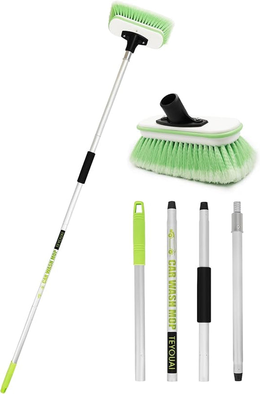 Boat Brush Telescoping Handle 4 Section Marine Scrub Extendable 20" to 62" Metal Connector Deck Auto Window Wall Floor Cleaning Heavy Duty 9.5" x 4.7"x3.5" Head