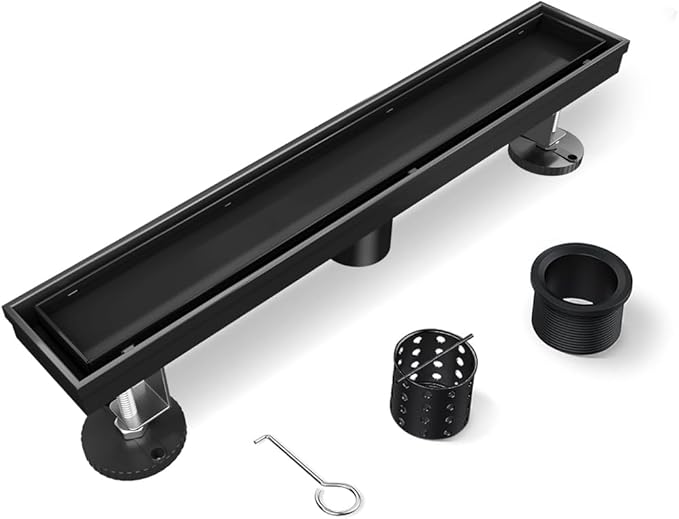 Shower Drain, 12 Inch Black Linear Shower Drain with Removable Tile Insert Grate, 2 in 1 Bathroom Modern 304 Stainless Steel Matte Black Shower Floor Drain with Adjustable Feet,Hair Filter