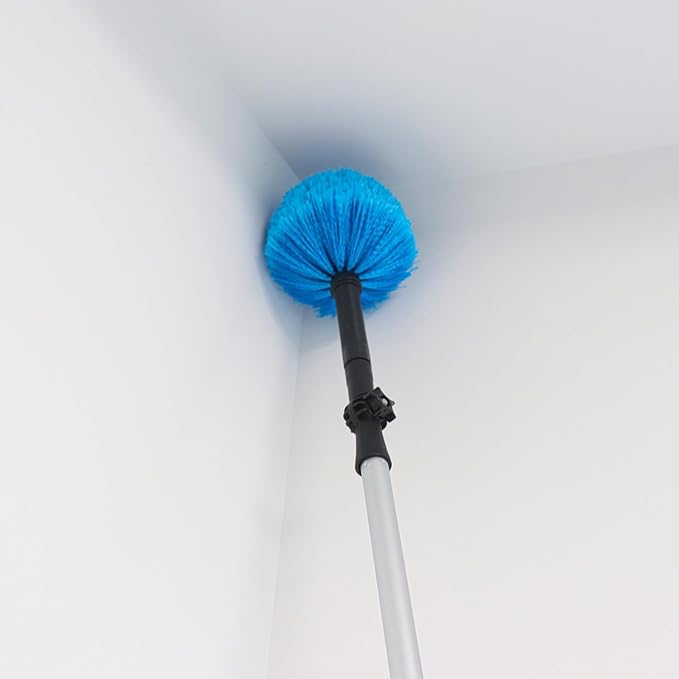 Screw on Cobweb Duster Brush Head | Spider Web Brush for Outdoor and Indoor Web Cleaning, Twist-On Corner Duster Fits Standard US 3/4 Inch Acme Threaded Poles (Pole Not Included) (Blue)
