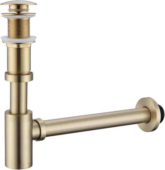 RANDOM Brushed Gold Brass Bottle P Trap Contemporary Round Bottle P-Trap 1 1/4 with Pop Up Drain Without Overflow.83888BGS