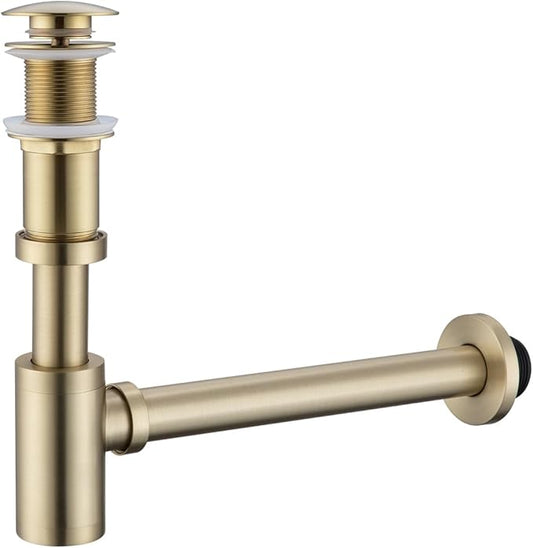 RANDOM Brushed Gold Brass Bottle P Trap Contemporary Round Bottle P-Trap 1 1/4 with Pop Up Drain Without Overflow.83888BGS