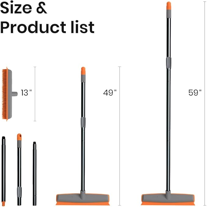 TreeLen Rubber Broom Carpet Rake Pet Hair Remover Broom with Squeegee Extension Push Broom for Carpet Hardwood Floor Tile Windows Cleaning