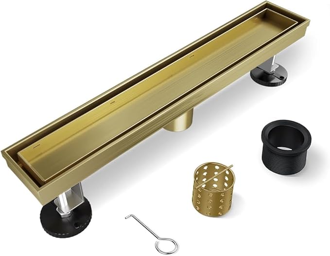 Shower Drain, 18 Inch Gold Linear Shower Drain with Removable Tile Insert Grate, 2 in 1 Bathroom Modern 304 Stainless Steel Brushed Gold Shower Floor Drain with Adjustable Feet,Hair Filter