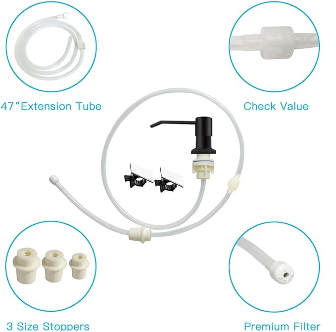OHiHi Dish Soap Dispenser for Kitchen Sink, Countertop Sink Soap Dispenser Water Pump with 47” No-Spill Extension Tube Kit Design for Kitchen Bathroom, Easy to Press, No More Refills （Black）