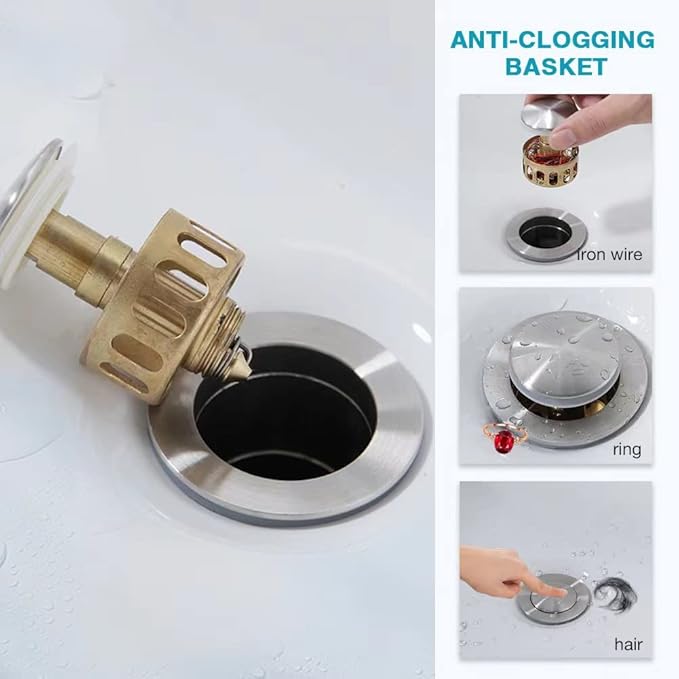 Pop Up Drain Stopper with Overflow for Bathroom Sink, Brushed Nickel Stainless Steel Bathroom Sink Drain, Universal Basin Drain, Lavatory Sink Drain Stopper with Detachable Basket