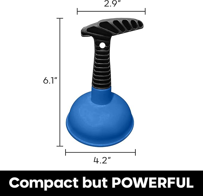 Sink Plunger, Powerful Mini Plunger with Short Handle, Easy-to-Use Unclogging Tool for Bathroom Drains, Shower, Bath, and Sink, Blue, (6.1 x 4.2 x 2.9 Inch)