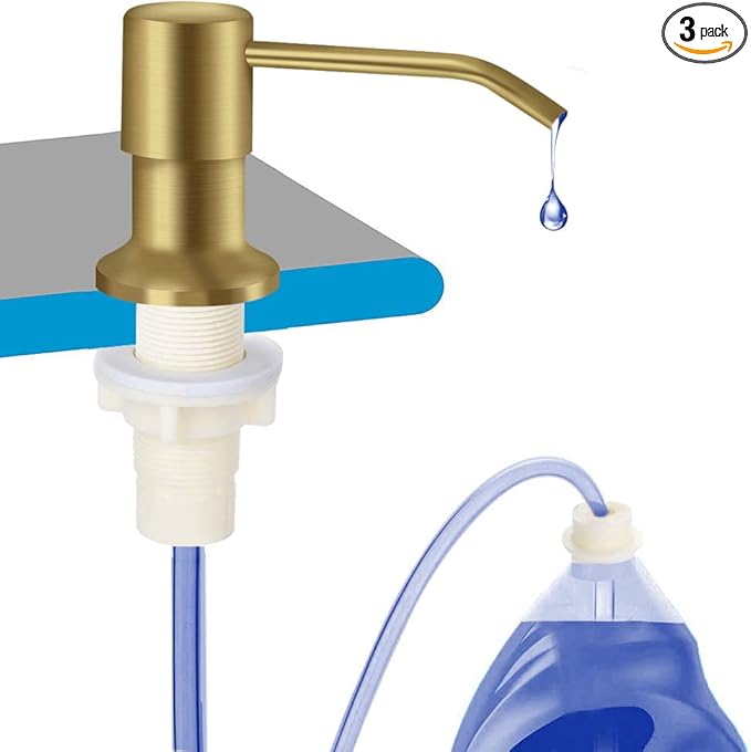 OHiHi Dish Soap Dispenser for Kitchen Sink, Countertop Sink Soap Dispenser Water Pump with 47” No-Spill Extension Tube Kit Design for Kitchen Bathroom, Easy to Press, No More Refills （Golden）