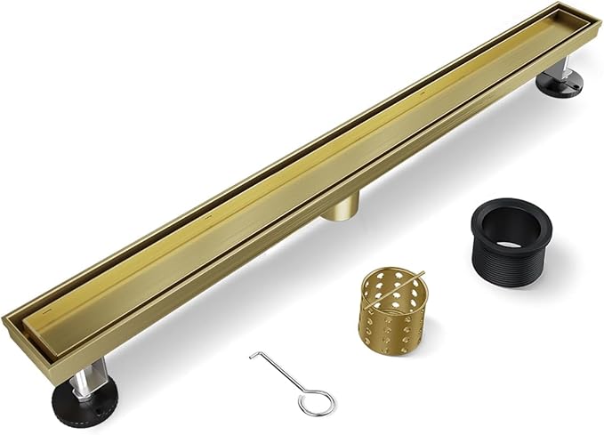 Linear Shower Drain, 60 Inch Gold Shower Drain with Removable Tile Insert Grate, 2 in 1 Bathroom Modern 304 Stainless Steel Brushed Gold Shower Floor Drain with Adjustable Feet,Hair Strainer