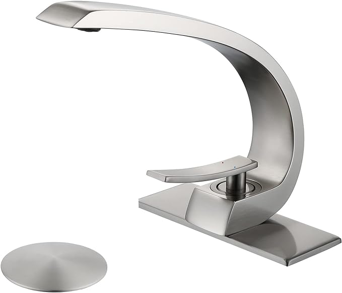 Brushed Nickel Bathroom Faucet,Modern Single Hole Bathroom Faucet,High Arc Brass Bathroom Sink Faucet with 1 Hole 3 Hole Mount 6-Inch 10-Inch Deckplate,Pop Up Overflow Drain Assembly Included
