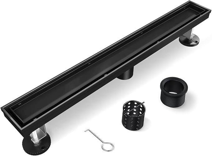 Shower Drain, 28 Inch Black Linear Shower Drain with Removable Tile Insert Grate, 2 in 1 Bathroom Modern 304 Stainless Steel Matte Black Shower Floor Drain with Adjustable Feet,Hair Filter