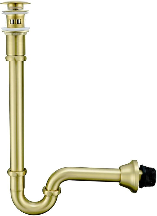 Brass P Trap with Pop Up Drain Stopper With Overflow,U-Shape 1 1/4 Slip Joint Extension Tub Sink Drain Pipe,12 inch Pipe length Adjustable Height Sink Waste Trap Drain Kit,Brushed Gold