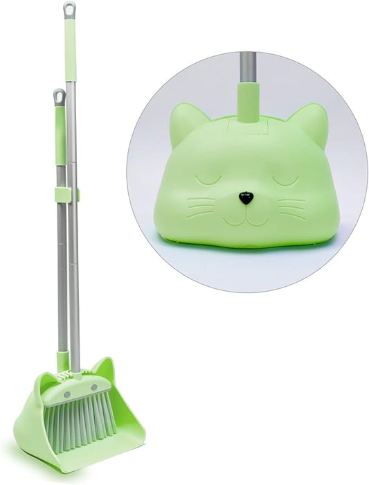 28'' Kids Mini Broom and Dustpan Set - Toddler Cleaning Toy, Toddler Household Helper, Parent-Child Interactive Play Cleaning Tool, Cute Cartoon Design, Small Safe Corner Broom (Green Sprout)