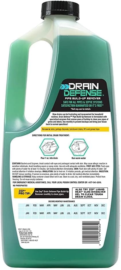 Zep Drain Defense Pipe Build-Up Remover - 64 oz (Case of 2) ZLDC648 - Professional Strength