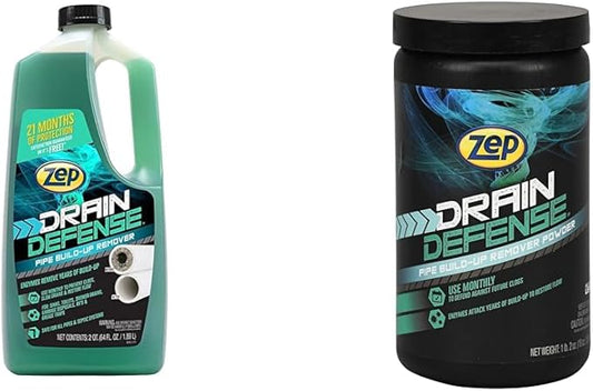 Zep Drain Defense Pipe Build-Up Remover - 64 Ounces - ZLDC648 & Drain Defense Enzymatic Drain Cleaner Powder - 18 Ounces - ZDC16 - Safe for Pipes
