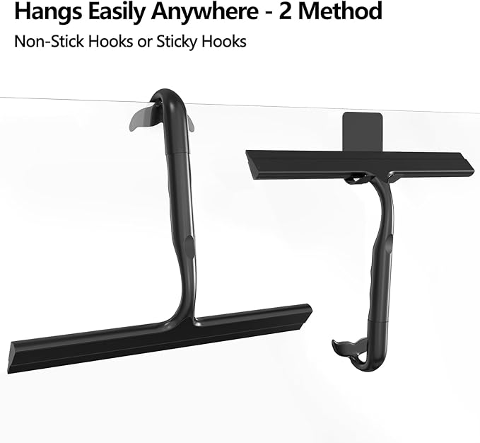 Shower Squeegee for Glass Doors,2-in-1 Silicone Shower Squeegee with Hook,Hang Anywhere | Streak-Free Bathroom Squeegee | Household Window Mirror Squeegee for Bathroom,Glass,Tile Wall,Car | Black