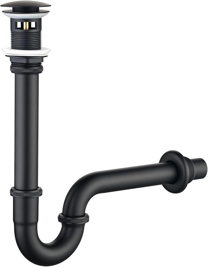 Thickened Brass P Trap Set: 1-1/4 P Trap with Bathroom Sink Stopper - Sink Drain Plumbing Kit for Pipe Replacement (Black, with Overflow)