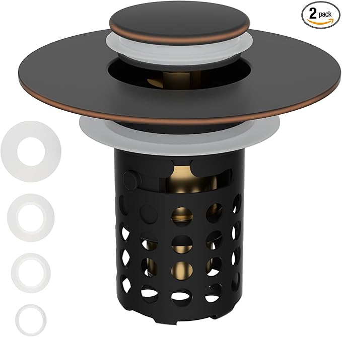 Universal Bathroom Sink Drain Strainer Hair Catcher 2PCS Upgraded with Removable Stainless Steel Filter Basket, 3 in 1 Pop Up Sink Stopper for 1.1''~2.36'' Sink Basin Hole, Oil Rubbed Bronze
