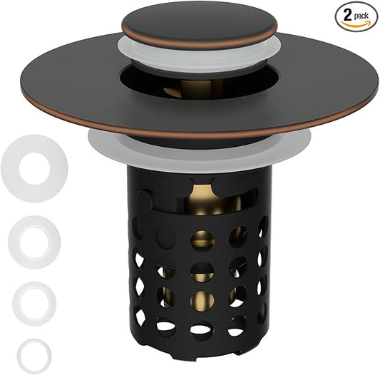Universal Bathroom Sink Drain Strainer Hair Catcher 2PCS Upgraded with Removable Stainless Steel Filter Basket, 3 in 1 Pop Up Sink Stopper for 1.1''~2.36'' Sink Basin Hole, Oil Rubbed Bronze