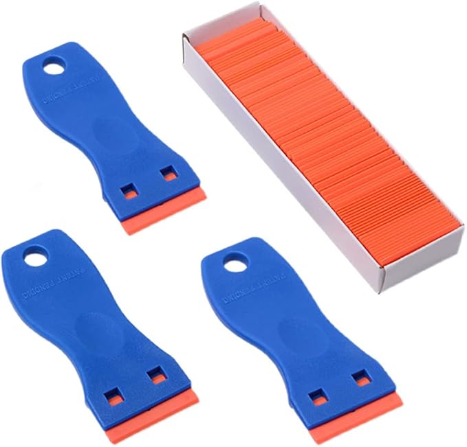Plastic Razor Blades Scraper, 3PCS Plastic Scraper 100PCS Blades, Putty Knife Scratch-proof, Car Glass Windows Tile Desktop Cleaning Tool, for Glue Labels Stickers Decals (Plastic)