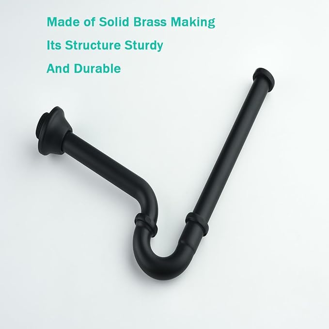 Brass P Trap U-Shape 1 1/4 inch Sink Drain Pipe with Slip Joint Extension Tub,12 inch Vertical Pipe length Adjustable Height Sink Waste Trap Drain Kit Matte Black,SE83555MB-L