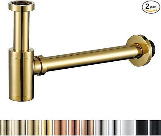 RANDOM Titanium Gold Polished Brass Contemporary Round Bottle P Trap 1 1/4,Basin Sink Waste Drain P Trap Kit.