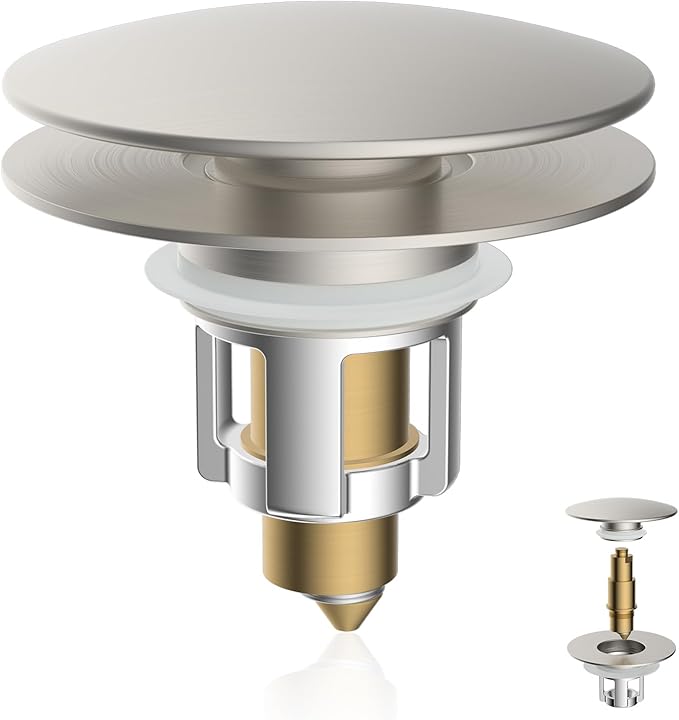 Universal Bathroom Sink Stopper, Metal Pop Up Sink Drain Strainer with Hair Catcher Basket, Fit 1.1"-2.36" US Basin, Wash Basin Drain Plug, Big/Small Cover Cap, Brass Bounce Core, Brushed Nickel