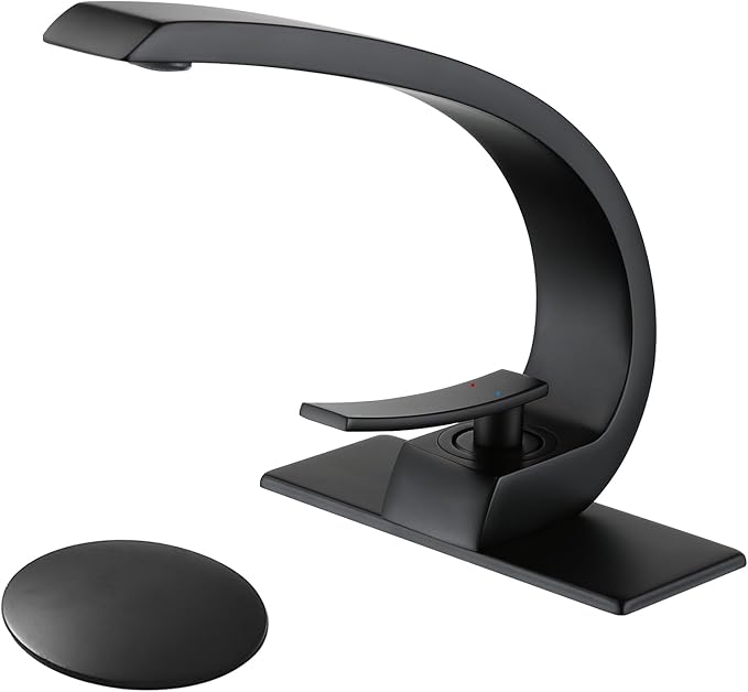 Matte Black Bathroom Faucet,Modern Single Hole High Arc Brass Bathroom Sink Faucet with 1 Hole or 3 Hole Mount 6-Inch 10-Inch Deckplate,Pop Up Overflow Drain Assembly Included