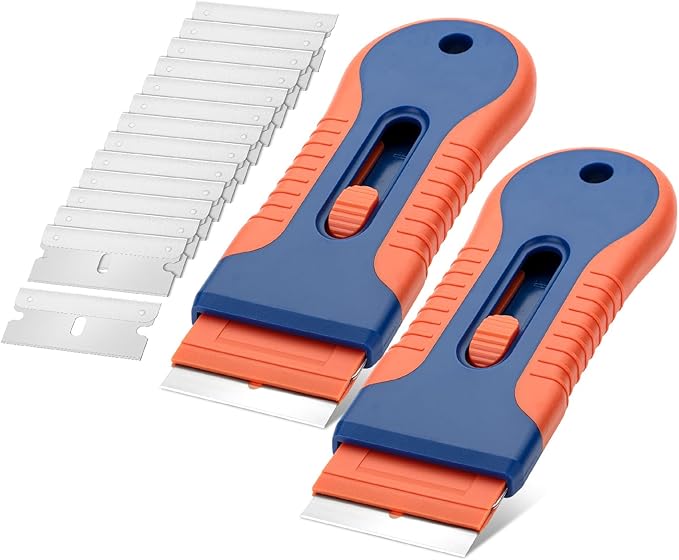 Bates- Razor Blade Scraper Tool, 2 Pack, 30 Extra Steel Blades, Anti-Slip Ergonomic Handle Design, Razor Scraper Set for Cleaning Window, Paint, Oven, Glass, Stove