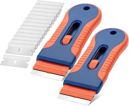 Bates- Razor Blade Scraper Tool, 2 Pack, 30 Extra Steel Blades, Anti-Slip Ergonomic Handle Design, Razor Scraper Set for Cleaning Window, Paint, Oven, Glass, Stove