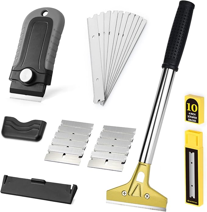 EHDIS Razor Blade Scraper, 1.5'' and 4'' Glass Scraper Tool, Floor Adhesive Remover Scraper with Metal Razor Blades, Paint Scraper Ideal for Cleaning Stove Top, Windows, Grill