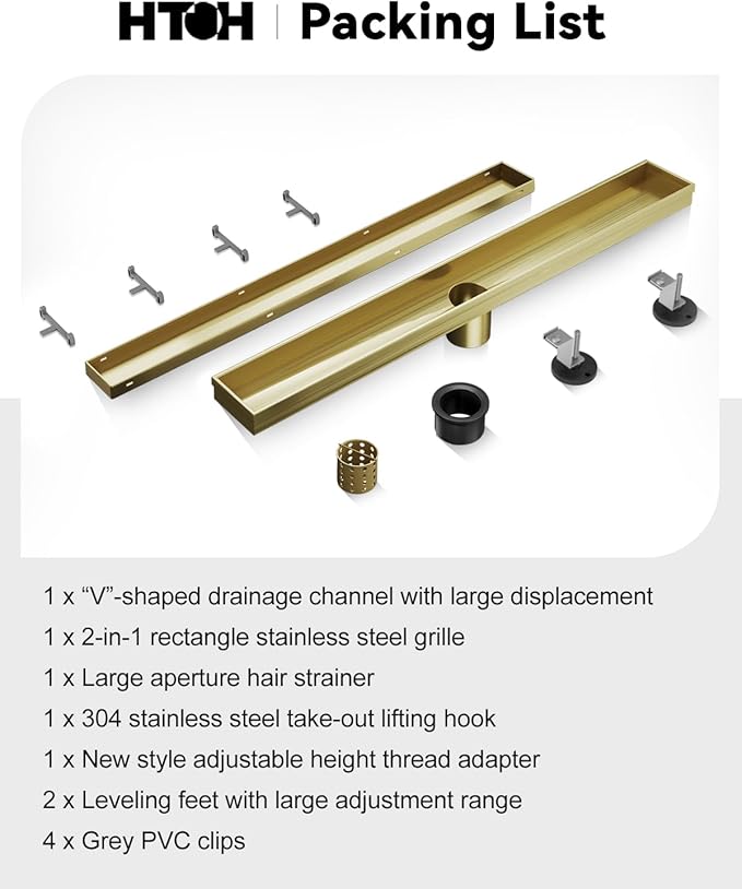 Shower Drain, 28 Inch Gold Linear Shower Drain with Removable Tile Insert Grate, 2 in 1 Bathroom Modern 304 Stainless Steel Brushed Gold Shower Floor Drain with Adjustable Feet,Hair Filter