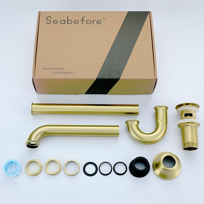 Brass P Trap with Pop Up Drain Stopper With Overflow,U-Shape 1 1/4 Slip Joint Extension Tub Sink Drain Pipe,12 inch Pipe length Adjustable Height Sink Waste Trap Drain Kit,Brushed Gold