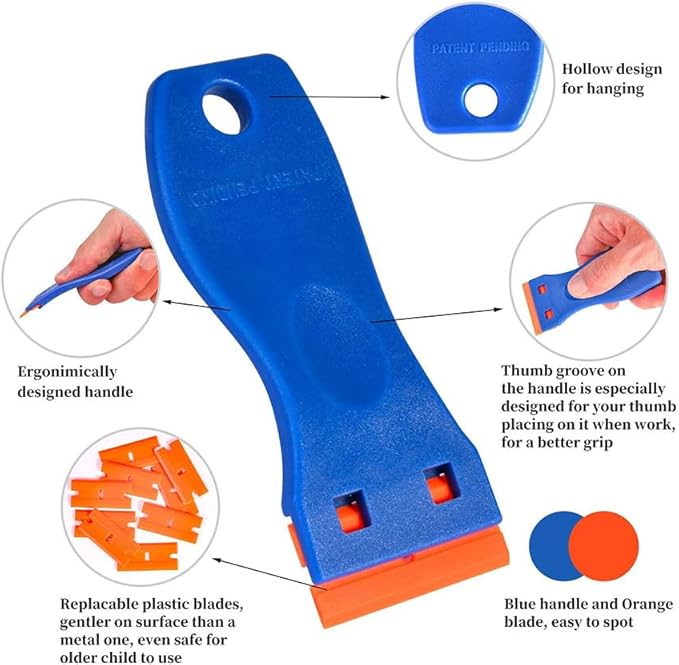 2PCS Plastic Razor Blade Scrapers with 100 Blades – LINKOceans Safe Adhesive Remover for Stickers, Decals, Labels, Caulk & Gaskets on 3D printer beds,Glass,car or Windows Non Scratch Cleaning Tool