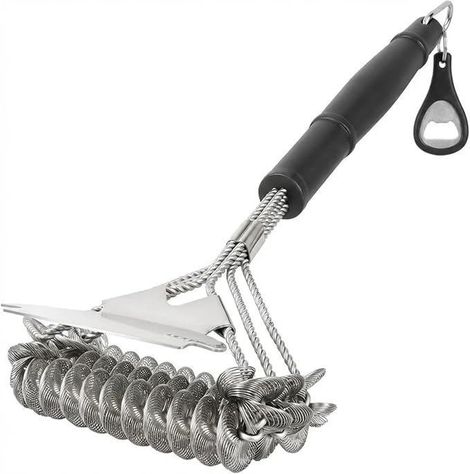 Bristle-Free Grill Brush with Scraper - Reinforced Coil Grill Cleaning Brush, Long Handle Safe BBQ Cleaner for Gas and Charcoal Grates