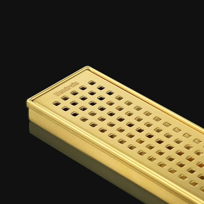 Neodrain 18-Inch Brushed Brass Linear Shower Drain with Removable Quadrato Pattern Grate,Professional 304 Stainless Steel Gold Rectangle Shower Floor Drain Manufacturer,Linear Drainwith Hair Strainer