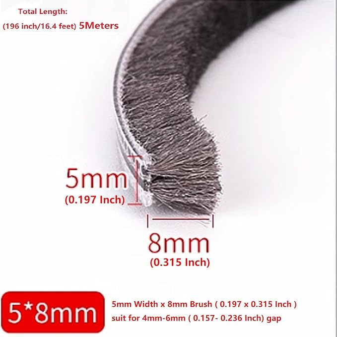 16 Ft (5m) 196 Inch Sliding sash Windows Doors Tape Pile Draught excluder Brush Seal Strip weatherstrip 5mm x 8mm (3/16 5/16 Inch, Gray)