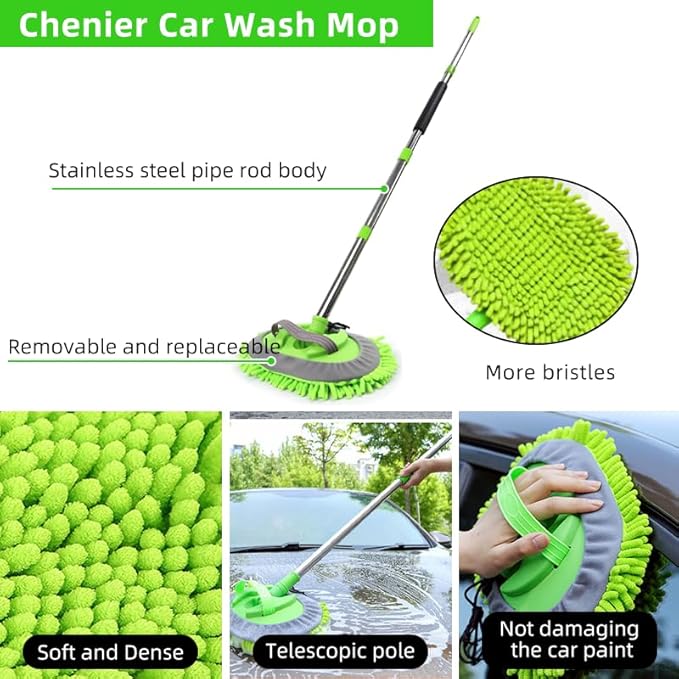 62" Car Wash Brush with Long Handle Chenille Microfiber Car Wash Mop Mitt, Wheel Brush, Windshield Window Squeegee, Car Duster Microfiber Towel, Gloves, Drill Brush, for Cleaning Cars RV Truck Boat