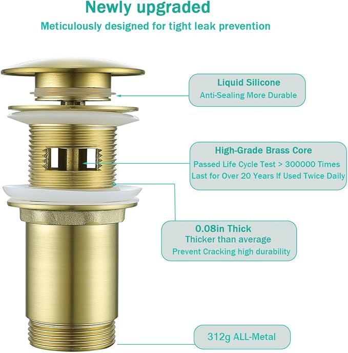 Brass P Trap with Pop Up Drain Stopper With Overflow,U-Shape 1 1/4 Slip Joint Extension Tub Sink Drain Pipe,12 inch Pipe length Adjustable Height Sink Waste Trap Drain Kit,Brushed Gold