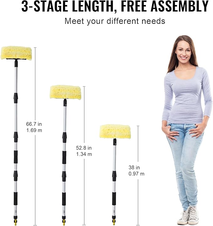 VEVOR Car Wash Brush, 66.7-Inch Extendable Car Washing Brush with Long Handle, 12" Scratch-Free Soft PVC Bristle Head, Flow-Thru Car Cleaning Mop Kit with Water Hose Attachment for Car RV Boat