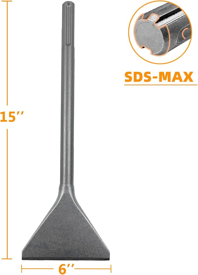 6 Inch Wide Tile & Thinset Scaling Chisel SDS-Max Shank, 6" x 15" Scraper Removal Bit, Ideal for Rotary Hammer Drills Compatible with SDS-Max