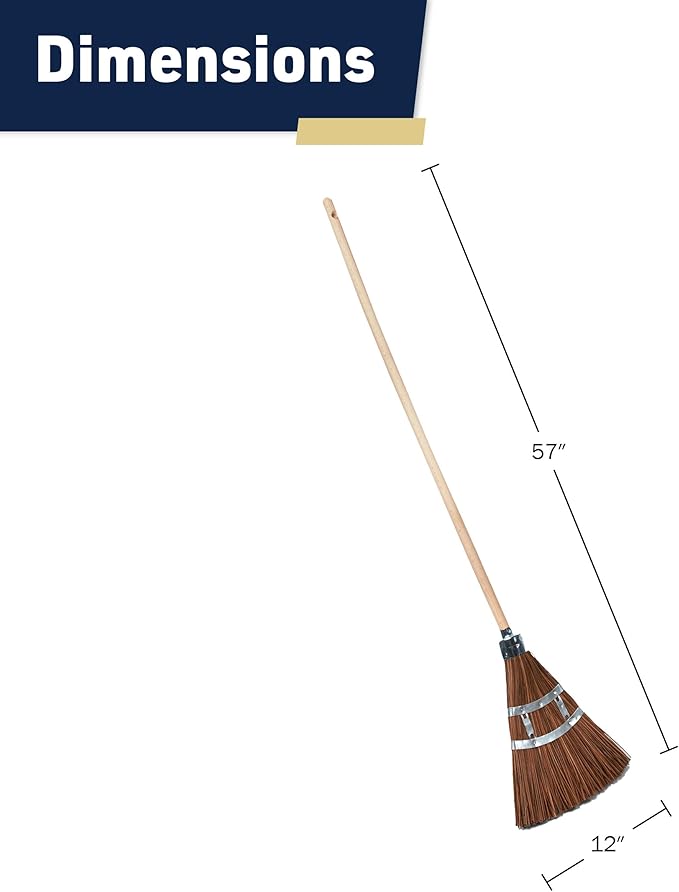 Outdoor Broom Heavy Duty 57” Broomstick with 12” Wide Brush - All Natural Water and Fire-Resistant Piassava Bristles and Wood Handle Brooms for Sweeping Indoor Garage and Garden by Kings County Tools