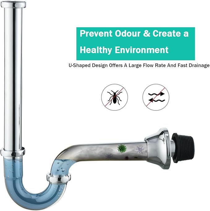 Brass P Trap U-Shape 1 1/4 inch Sink Drain Pipe with Slip Joint Extension Tub,12 inch Vertical Pipe length Adjustable Height Sink Waste Trap Drain Kit Chrome,SE83555C-L