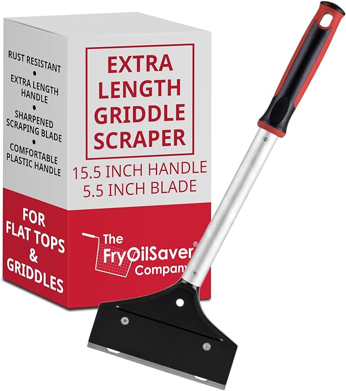 Heavy Duty Griddle Scraper for Flat Top Grills – 15.5” Long Handle Cleaning Tool w/ 5.5” Replaceable Flat Stainless Steel Blade - Removes Burnt-On Food & Grease - by FryOilSaver Co. - 90018