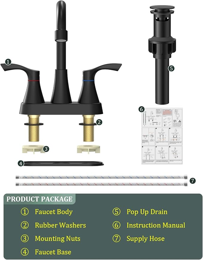 2 Pack Matte Black Bathroom Faucet 3 Hole, Evolvegoods 4 Inch Stainless Steel Bathroom Sink Faucet, 2 Handle Centerset Faucet for Bathroom Sink Vanity, with Pop Up Drain and 2 Supply Hoses