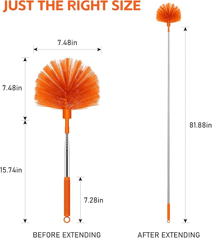 SetSail Cobweb Duster with Extension Pole, Retractable Dusters for Cobweb Cleaning 81-inch Long Handle Spider Web Brush for Outdoor Indoor High Ceilings Fan, Orange